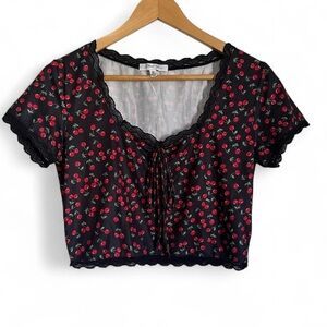 Cherry Print Black Crop Top — XL